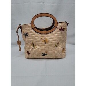 Vtg Fossil Floral Woven Straw Handbag Crossbody Purse Leather Missing Strap 11x9